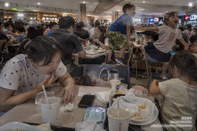 1枚。大型ショッピングモールのフードコートで、多くの人が食事や会話を続ける様子を写した場面。

手前のテーブルには飲み残しの紙コップ、ストロー、スマートフォン、ティッシュ、食べ終えた容器やトレーが重なって置かれている。左手前では白い水玉模様の服を着た人物が指を口に入れ、その手をテーブルへ伸ばしている。右手前では子供がテーブルに向かって座っている。

中間には食事中の人々が密集して座り、会話を続けている。テーブルの上には紙コップや食器が並び、人物の周囲には白く薄い飛沫のような広がりが見える。中央右では子供が靴を履いたまま椅子の上に立ち、さらに右側では別の子供が両腕を広げながら動いている。

奥には多くの利用客が並ぶ飲食店のカウンターや看板が続き、天井照明の光が店内全体へ広がっている。人物同士が重なり合うほど混雑し、手前から奥まで人の流れが途切れず続いている。

飲食、会話、移動が同時に進む満席状態のフードコート全体が一枚の中でつながっている。

右下に焼き付けクレジットあり
created and described with AI assistance