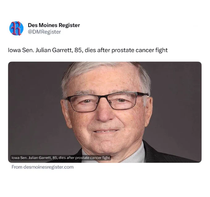 Screenshot of The Des Moines Register Announcing The Death Of Former Iowa State Senator Julian Garrett.