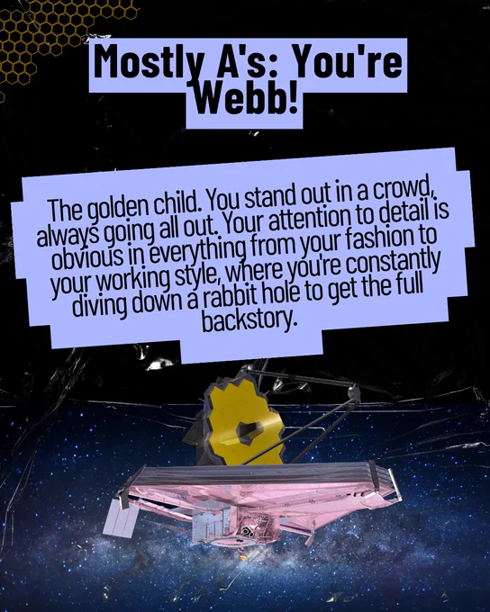 Black and white graphic with purple accents. Text on purple background: “Mostly A’s: You’re Webb! The golden child. You stand out in a crowd, always going all out. Your attention to detail is obvious in everything from your fashion to your working style, where you’re constantly diving down a rabbit hole to get the full backstory.” An illustrated Webb sits below the text.