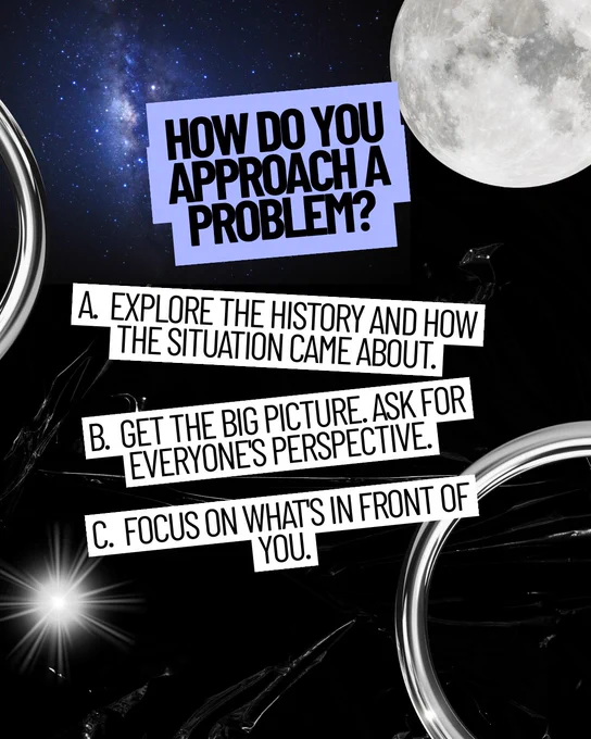 Black and white graphic with purple accents and white circles. Text: “How do you approach a problem? A: Explore the history and how the situation came about. B: Get the big picture. Ask for everyone’s perspective. C: Focus on what’s in front of you.” The Moon sits in the upper right corner.
