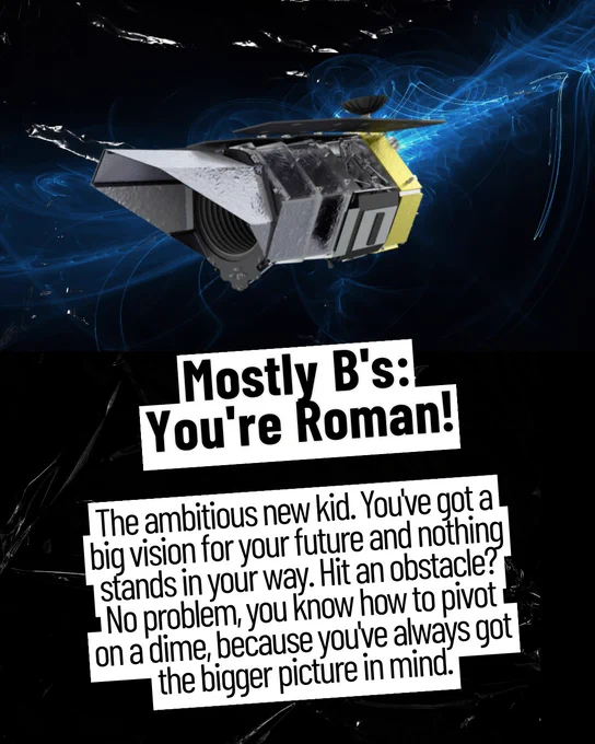 Black and white graphic with purple accents. Text on white background: “Mostly B’s: You’re Roman! The ambitious new kid. You’ve got a big vision for your future and nothing stands in your way. Hit an obstacle? No problem, you know how to pivot on a dime, because you’ve always got the bigger picture in mind.” An illustrated Roman telescope sits above the text.