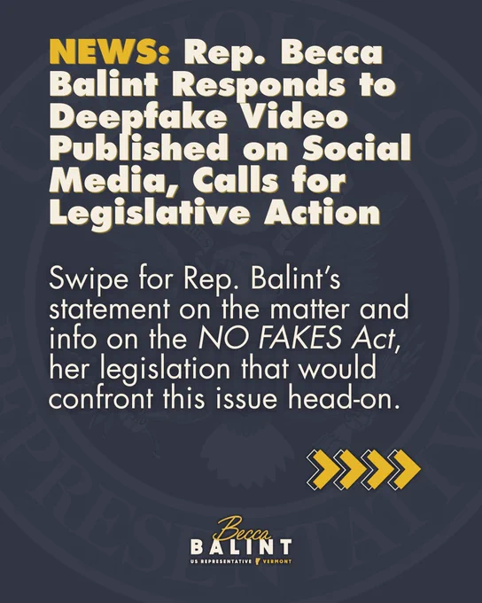 NEWS: Rep. Becca Balint Responds to Deepfake Video Published on Social Media, Calls for Legislative Action

Swipe for Rep. Balint’s statement on the matter and info on the NO FAKES Act, her legislation that would confront this issue head-on.