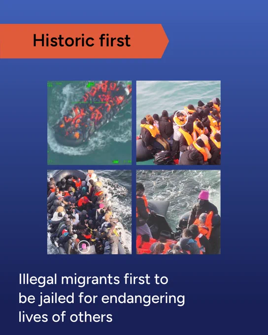 Overcrowded boats of migrants wearing life vests, with text about them being jailed. Historic first: illegal migrants first to be jailed for endangering lives of others