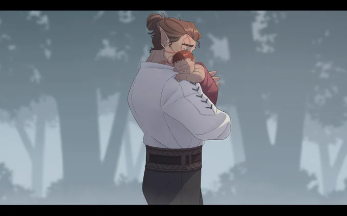 "On a warm misty morning, you find Halsin comforting what was once a fretful baby just moments ago, now sleeping peacefully in his arm as he softly hums an elven lullaby he learnt from his mother"