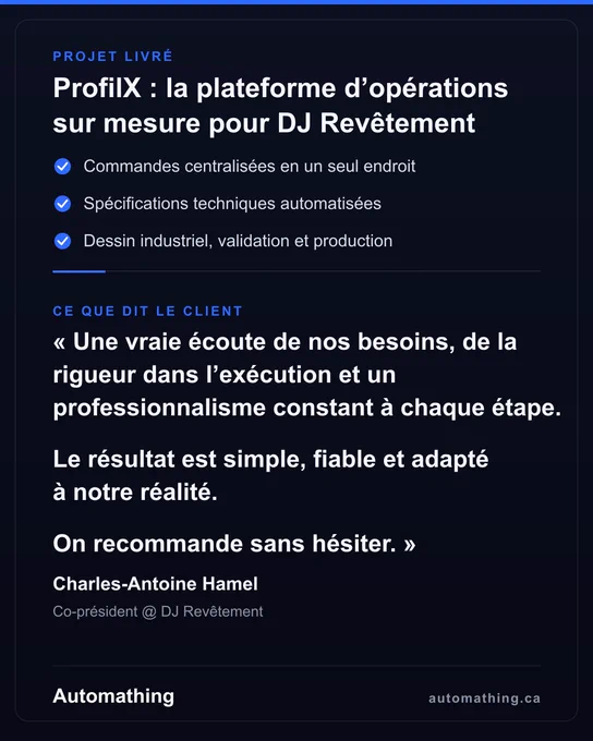Quand l'équipe de DJ Revetement, une entreprise du Groupe Drumco, nous a contactés, leur savoir-faire n'était pas en cause. Leur réalité, oui.

Commandes, spécifications techniques, validations, suivis de production : tout vivait dans des dizaines de fichiers et de courriels. Chaque information existait… mais jamais au même endroit.

Avant d'écrire la moindre ligne de code, nous avons pris le temps de comprendre comment ils travaillent vraiment. Puis nous avons conçu ProfilX, une plateforme d'opérations sur mesure qui réunit tout dans un seul système : de la commande à la production, en passant par les spécifications, le dessin industriel et les validations.

Aujourd'hui, ProfilX est livré. Et c'est le client qui en parle le mieux 👇

« Le logiciel répond exactement à nos besoins. Une vraie écoute, de la rigueur dans l'exécution et un professionnalisme constant à chaque étape. Le résultat est simple, fiable et adapté à notre réalité. On recommande sans hésiter. »
Charles-Antoine Hamel,