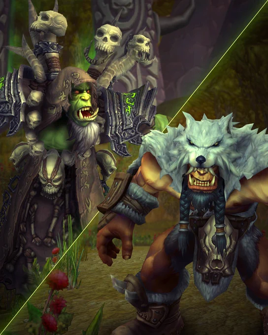 Dies ist ein Split-Screen-Bild mit einer teufelsgr\u00FCnen Linie, die von links unten nach rechts oben verl\u00E4uft. Auf der linken Seite sieht man Gul'dan, einen Orc-Hexenmeister, der eine zerfledderte violette Robe mit aufgestickten Runen tr\u00E4gt und mit Totensch\u00E4del an Stacheln auf Schultern und einem G\u00FCrtel ausger\u00FCstet ist. Hinter Guldan ist ein Teil des Dunklen Portals zu erkennen. Auf der rechten Seite ist Durotan zu sehen, der einen wei\u00DFen Worgpelz als Helm und Lederkleidung tr\u00E4gt.  