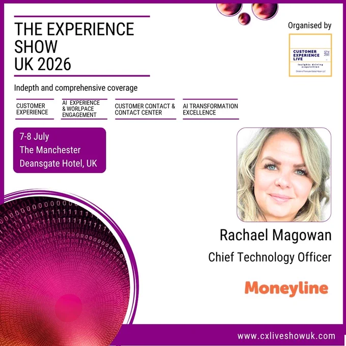 Promotional banner for The Experience Show UK 2026 at Manchester Deansgate Hotel, featuring Rachael Magowan, CTO of Moneyline.