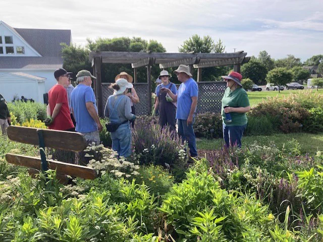 HOPE Garden volunteers gather for a discussion among blooming plants and garden beds on a sunny Tuesday morning.