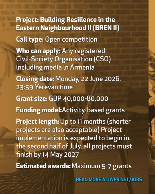 Call For Proposals for Civil Society Organisations in Armenia
Closing date: Monday, 22 June 2026, 23:59 Yerevan time
Grant size: GBP 40,000-80,000
#Armenia #CallForProposals