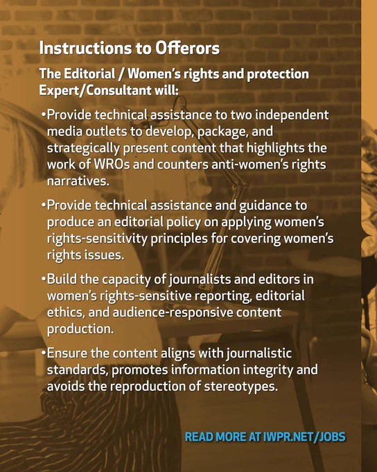 IWPR is looking for a consultant to provide support to media outlets to produce high-impact multimedia content while building the editorial capacity of journalists and editors to report ethically and effectively on sensitive women’s rights-related issues.
#Iraq #wearehiring #womensrights #consultant