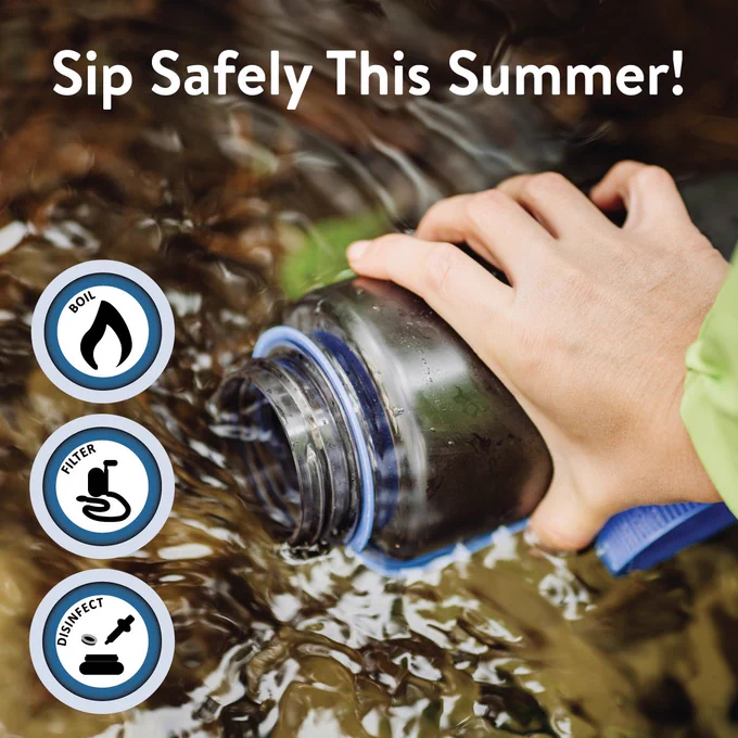 Someone filling a water bottle in a creek. Graphic icons of a flame, a filter, and disinfectant. Text reads, "Sip Safely This Summer!"
