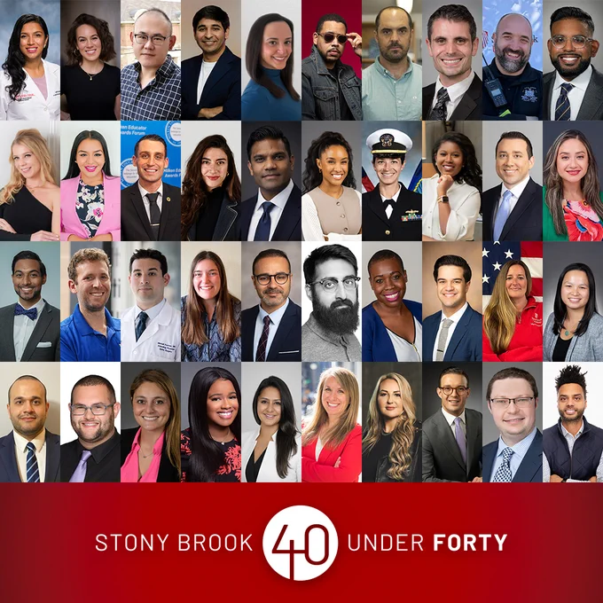 A collage featuring the 40 honorees recognized in Stony Brook University’s 2026 40 Under Forty awards. Individual professional portraits are arranged in a grid above the “Stony Brook 40 Under Forty” logo.