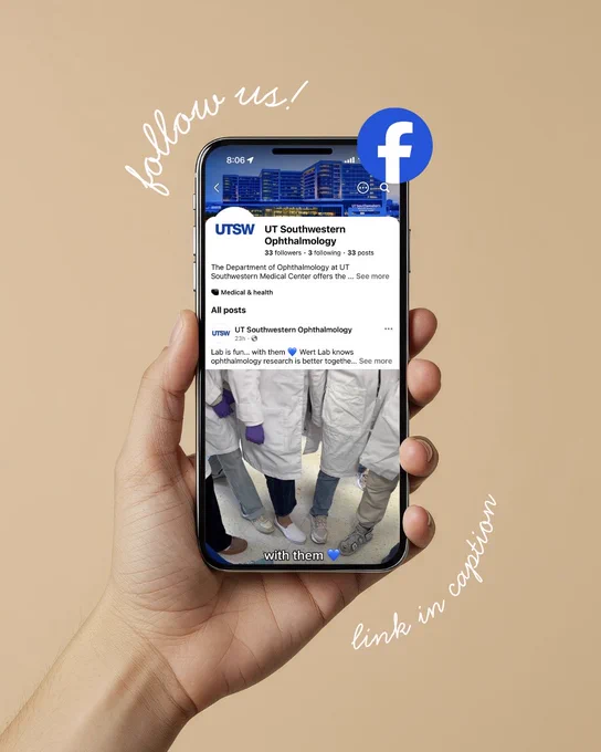 Hand holding phone with UT Southwestern Department of Ophthalmology Facebook page open