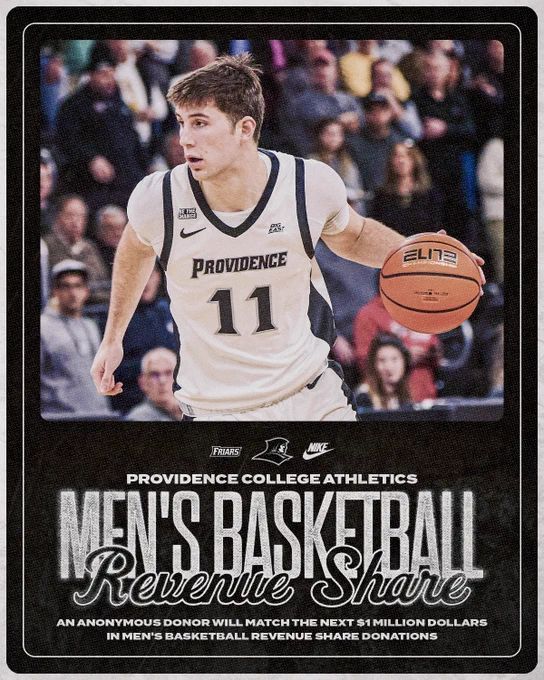 A graphic featuring Ryan Mela dribbling a basketball with his left hand in a white Providence College uniform with a black number 11 and the word Providence across the chest. The text on the graphic reads: Providence College Athletics, Men's Basketball Revenue Share. An Anonymous donor will match the next one-million dollars in men's basketball revenue share donations.