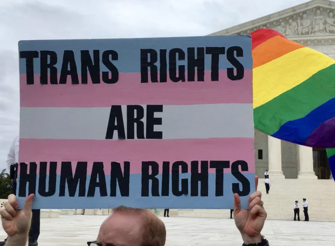 a person identifying as a man holding up a sign which reads Trans Rights Are Human Rights
