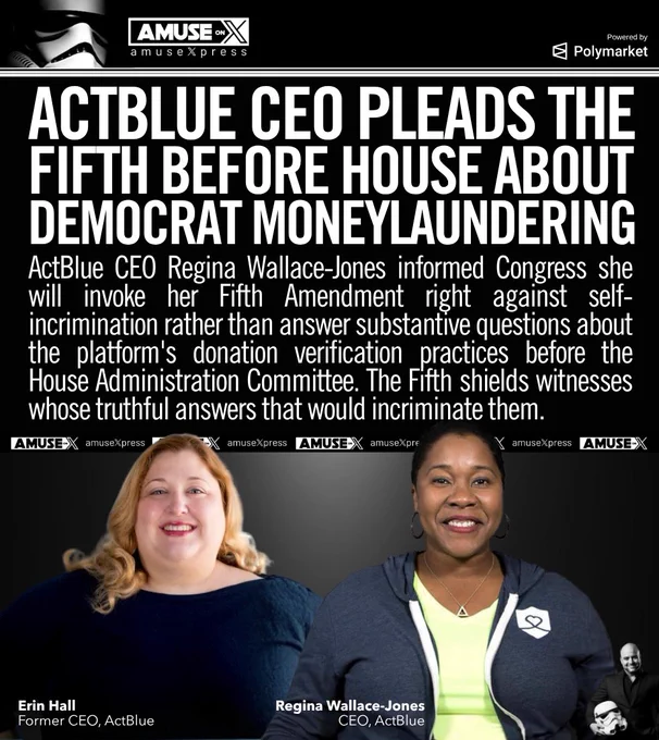 ActBlue CEO Regina Wallace-Jones informed Congress she will invoke her Fifth Amendment right against self-incrimination rather than answer substantive questions about the platform's donation verification practices before the House Administration Committee. The Fifth shields witnesses whose truthful answers that would incriminate them.