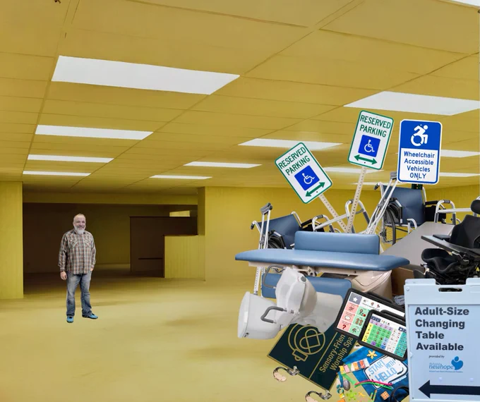 A picture of Ryan Wolfe wandering through the Backrooms when he comes across a pile of a adaptive equipment for people with disabilities in the middle of a room with yellow walls.