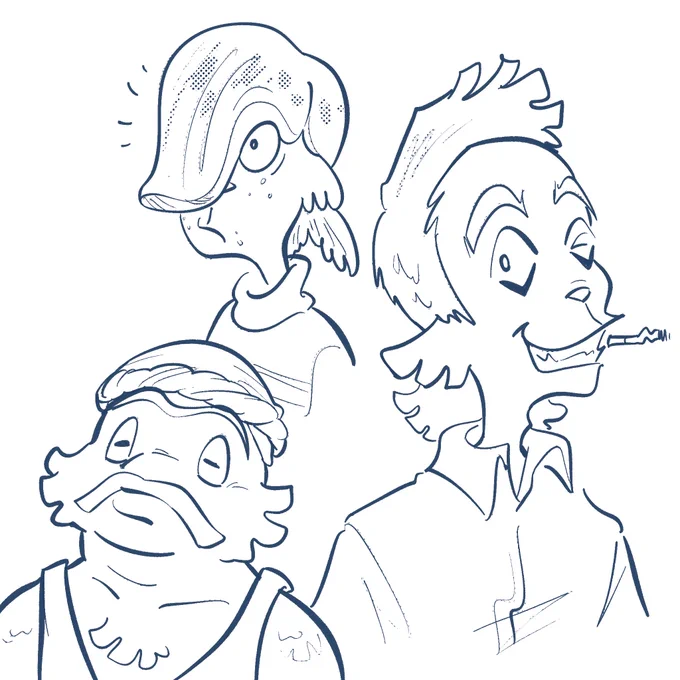 Hightide Era; Nishida surprised with one eye revealed. Kuze in head wrap. Taka smiling biting a cigarette