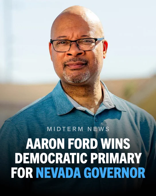 A graphic featuring an image of Nevada Attorney General Aaron Ford. Text on screen reads, "Midterm news: Aaron Ford wins Democratic primary for Nevada governor."