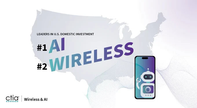 Map of the United States with the text "#1 AI, #2 Wireless" indicating leadership in U.S. domestic investment. Beside the text, there is a smartphone displaying a friendly robot illustration. 