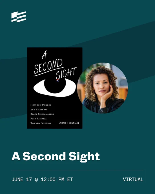 The image is a promotional graphic for a virtual event featuring the book "A Second Sight" by Sarah J. Jackson. The book cover shows the title with an eye illustration. Next to the book is a photo of the author. Text at the bottom reads "A Second Sight" with the event date and time, June 17 at 12:00 PM ET.
