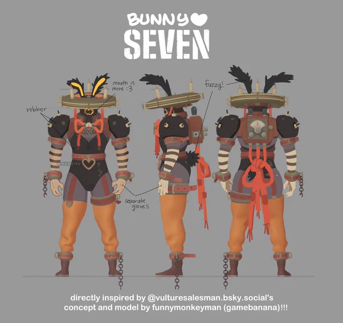 a reference sheet for a bunny suit seven design: 

he has black, fuzzy ears over his usual headgear, but the orange tubes form a ribbon on his chest and his prison number is "80085." he has his usual shoulder pads, but it's in black, matching the skimpy, rubber one piece he has on. he has a boob-window formed by the one piece and his electric chair regulator vest. he has striped arm sleeves on and separate white gloves. his belt buckle is shaped like a heart. lastly, he has loose thigh highs that look like leg warmers, held up by stocking belts, and his usual boots