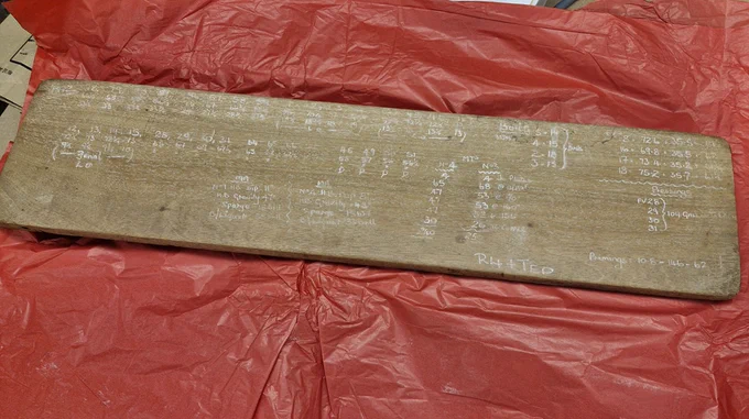 A wooden teak board used for marking fermentation data.