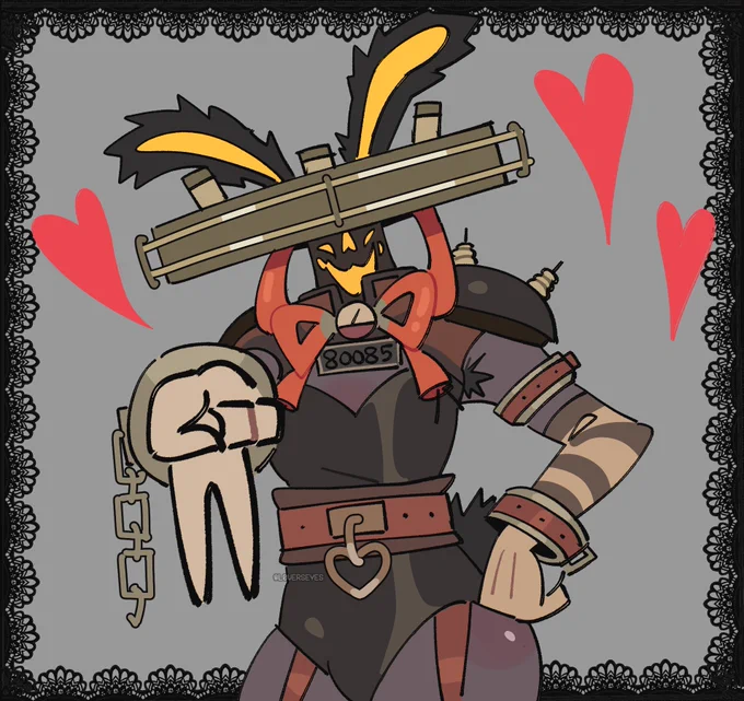 bunny seven smiles cheekily at the camera, holding out an upside down peace sign like a gyaru. hearts and black lace surround him