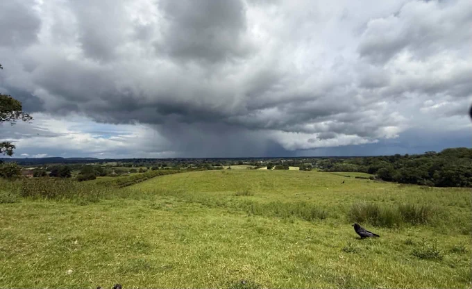 Rain over the Cheshire plain from Wirswall hill