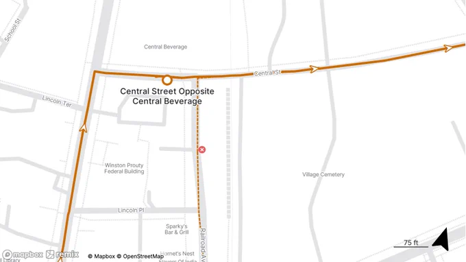 Directional map highlighting a path from Lincoln Street to Central Street, passing Central Street opposite Central Beverage. 