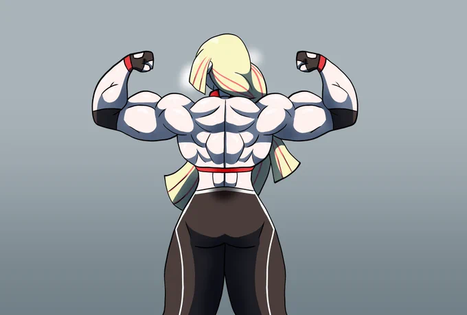 Lusamine from Pokemon Sun and Moon. Alternative reality where she copes by hitting the gym.
HEre she's flexing her quite impressive back muscles after a good workout, all sweaty and shiny.
