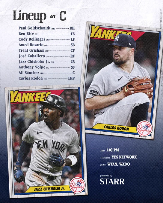 Yankees vs Cleveland Lineup:

Paul Goldschmidt | DH | 48
Ben Rice | 1B | 22
Cody Bellinger | LF | 35
Amed Rosario | 3B | 14
Trent Grisham | CF | 12
José Caballero | RF | 72
Jazz Chisholm Jr. | 2B | 13
Anthony Volpe | SS | 11
Ali Sánchez | C | 39
Carlos Rodón | LHP | 55

Time: 1:10 PM ET
TV: YES Network
Radio: WFAN 660 AM/101.9 FM, WADO 1280

Presented by Starr Insurance Companies

Photo of Jazz Chisholm Jr. & Carlos Rodón