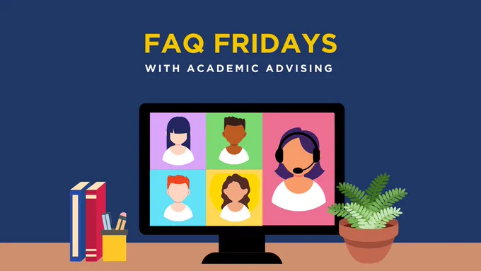 A computer monitor displays a video call with five diverse avatars. Text above reads "FAQ Fridays with Academic Advising." A stack of books, pens, and a potted plant are on the desk beside the monitor.
