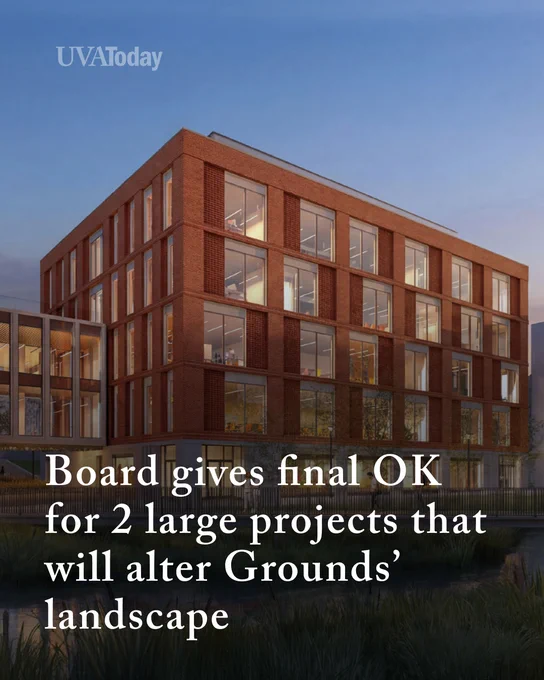 A graphic representation of the UVA School of Data Science Entrepreneurship Building at dusk. The text reads, "UVA Today - Board gives final OK for 2 large projects that will alter Grounds' landscape.
