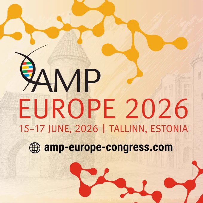 AMP Europe 2026 congress announcement with dates June 15-17 in Tallinn, Estonia, featuring molecular graphics and a historic city backdrop.