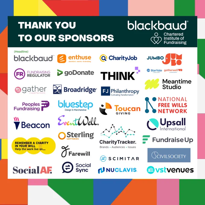The image displays a "Thank You to Our Sponsors" message with logos from various organizations. Prominent names include Blackbaud, CharityJob, Momentum, Sterling, Social AF, amongst others, arranged in a grid on a colorful background.