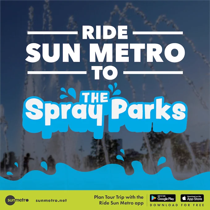 Spray park photo with text: Ride Sun Metro to the Spray Parks