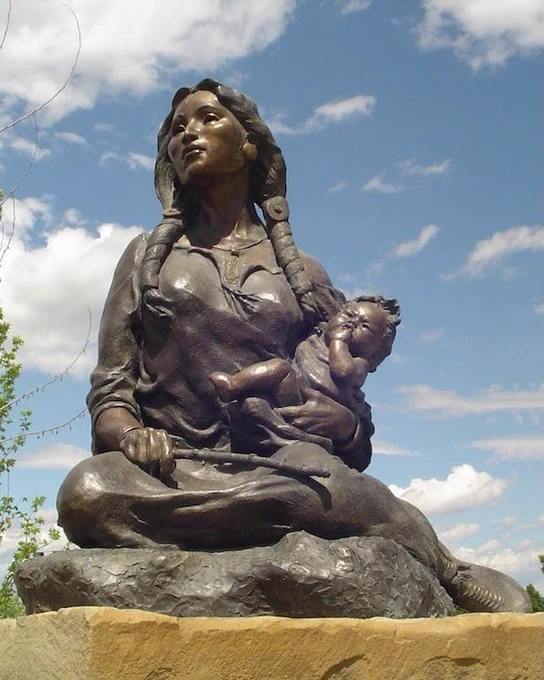 Statue of Sacajawea titled “Coming Home,” located in Sacajawea Park in Three Forks, Montana.