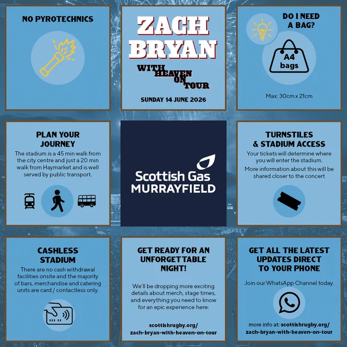 Zach Bryan 'With Heaven On Tour' concert at Scottish Gas Murrayfield on 14 June 2026. Info on bags, travel, and cashless payments.