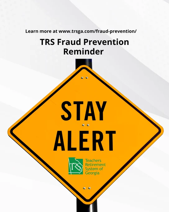 Warning sign displaying "STAY ALERT" with a green TRS logo, promoting fraud prevention awareness.