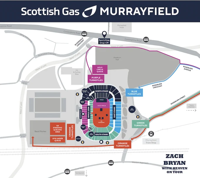 Map of Murrayfield Stadium showing turnstiles, queues, and stands for a Zach Bryan concert.