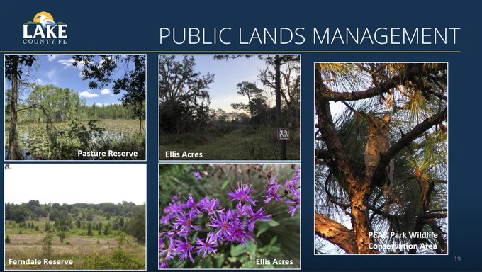 An informative slide showcasing various public lands and reserves in Lake County, FL with scenic nature images and a wildlife sighting.