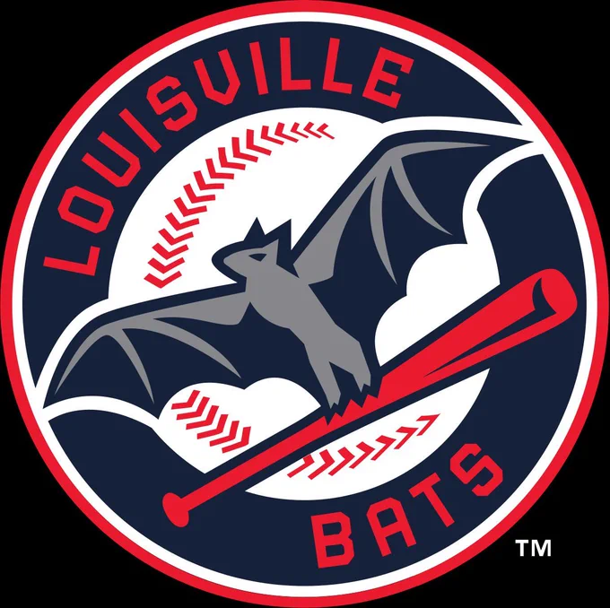 Louisville Bats logo of a baseball behind a flying bat holding a baseball bat. 