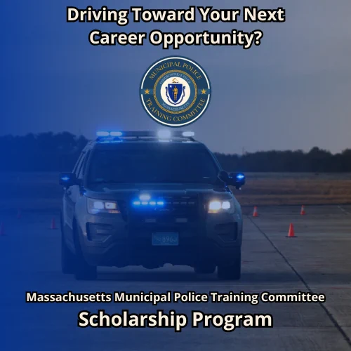 Police SUV with flashing lights on a training course promoting Massachusetts Municipal Police Training Committee scholarship.