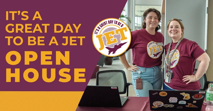 It's a Great Day to Be a Jet Open House at Jackson College promotion, with two staffers highlighted. 