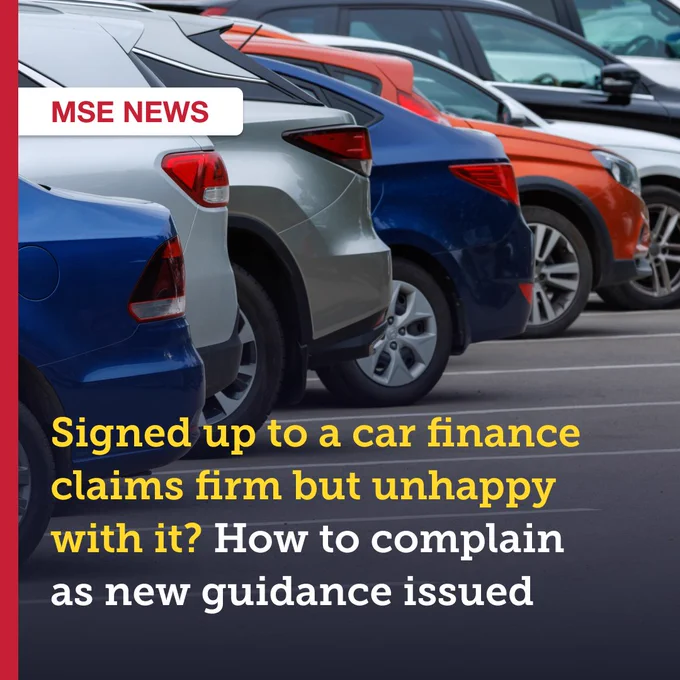 MSE News headline: 'Signed up to a car finance claims firm but unhappy with it? How to complain as new guidance issued' over a row of parked cars.