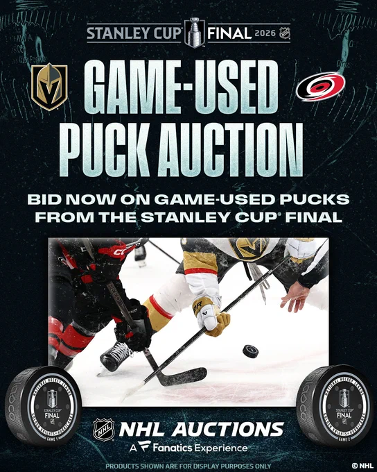 Stanley Cup Final logo with the Vegas Golden Knigthts and Carolina Hurricanes logo. Text reading, \"Game-used puck auction. Bid now on the game-used pucks from the Stanley Cup Final\". Below is a photo of a faceoff between a Hurricanes and Golden Knights player with the NHL Auctions and Fanatics logo.