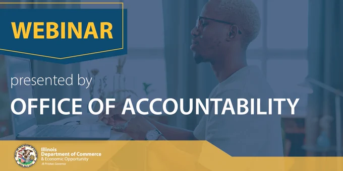 Image of man at laptop with text Webinar: Presented by Office of Accountability.
