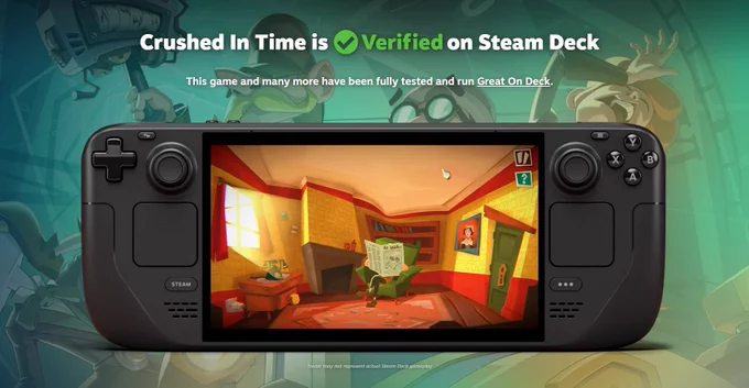 A screencap from the Crushed In Time Steam Deck page