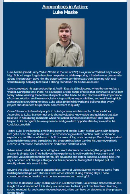A Surry-Yadkin Works "Apprentices in Action" graphic featuring Luke Maske. The graphic includes a portrait of Luke wearing a light gray quarter-button pullover and highlights his journey from joining the program as a junior at Yadkin Early College High School to completing an apprenticeship with Austin Electrical Enclosures. The text describes how the experience helped him build technical skills, confidence, and a successful career as a full-time electrician, while emphasizing the impact of mentorship and hands-on learning.